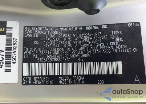 2006 Toyota Sienna Xle z USA, uszkodzony, nr VIN 5TDZA22C36S519377